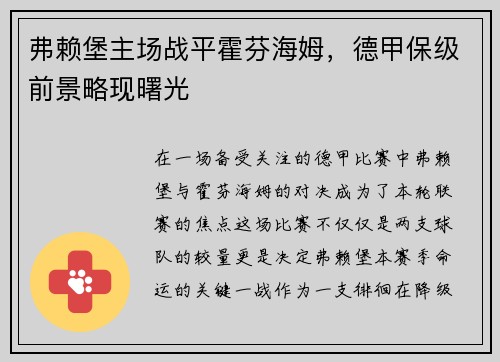 弗赖堡主场战平霍芬海姆，德甲保级前景略现曙光