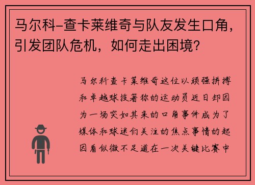 马尔科-查卡莱维奇与队友发生口角，引发团队危机，如何走出困境？